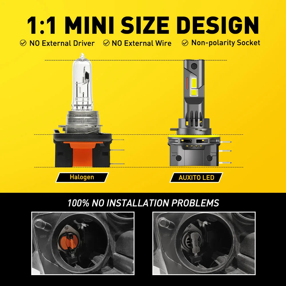 AUXITO 2Pcs Car H15 LED Headlight Bulbs 6500K White 30000LM High Beam DRL Driving Lamp Turbo H15 LED Lamp Super Bright 12V